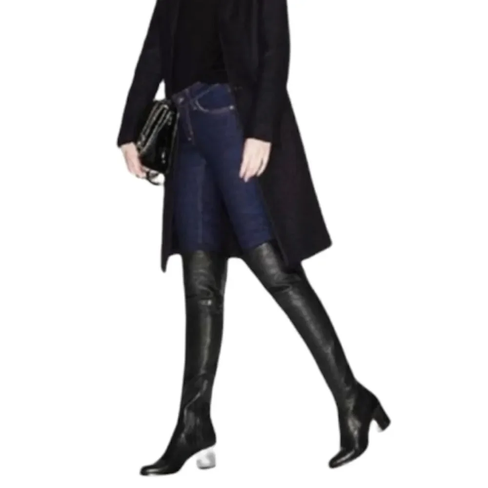 JIMMY CHOO Mercer Over the Knee OTK Leather Silver Block Heel Boots 39.5
